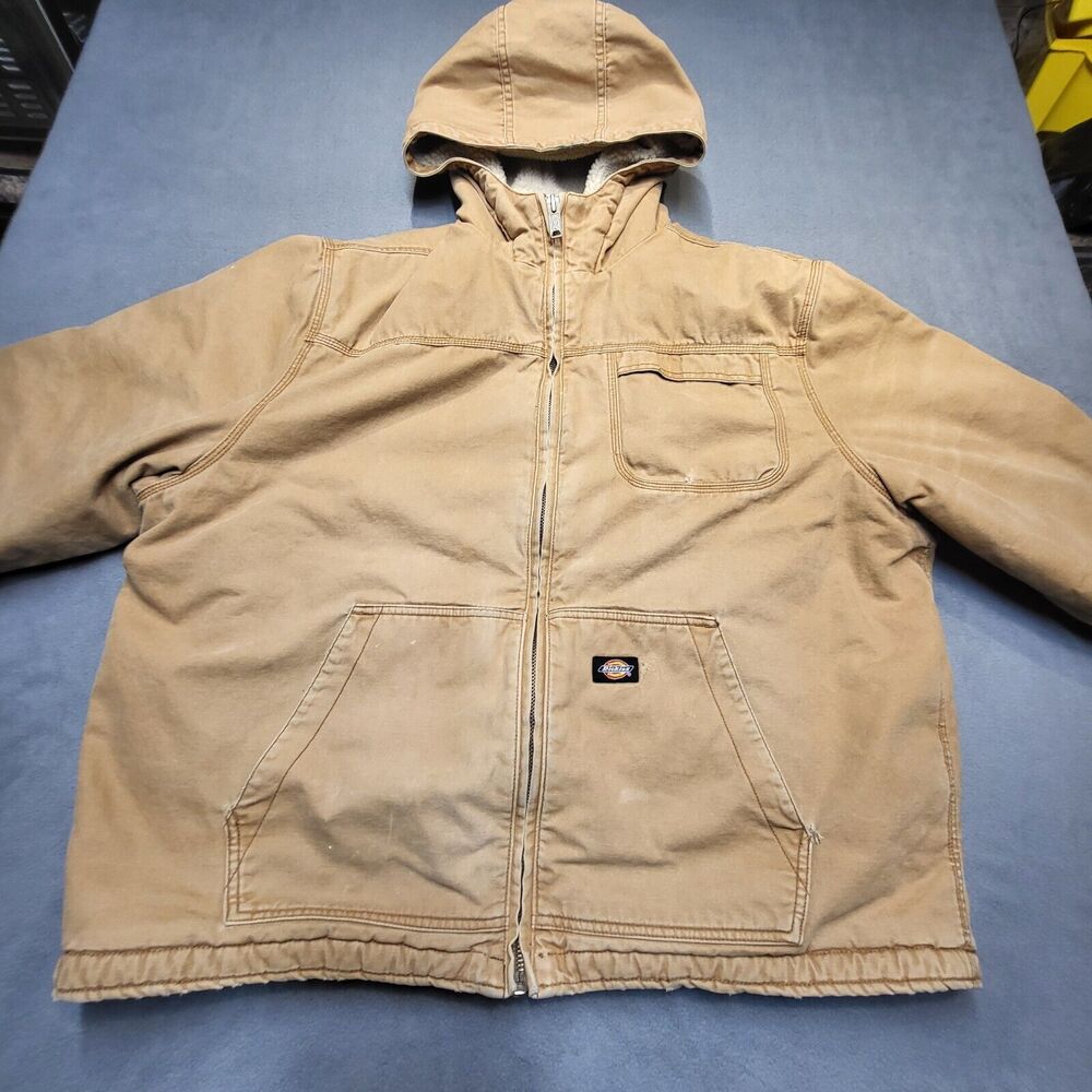 Dickies Jacket Mens 2XL Sherpa Lined Hooded Duck Brown Canvas Full Zip Thrashed - Picture 2 of 10